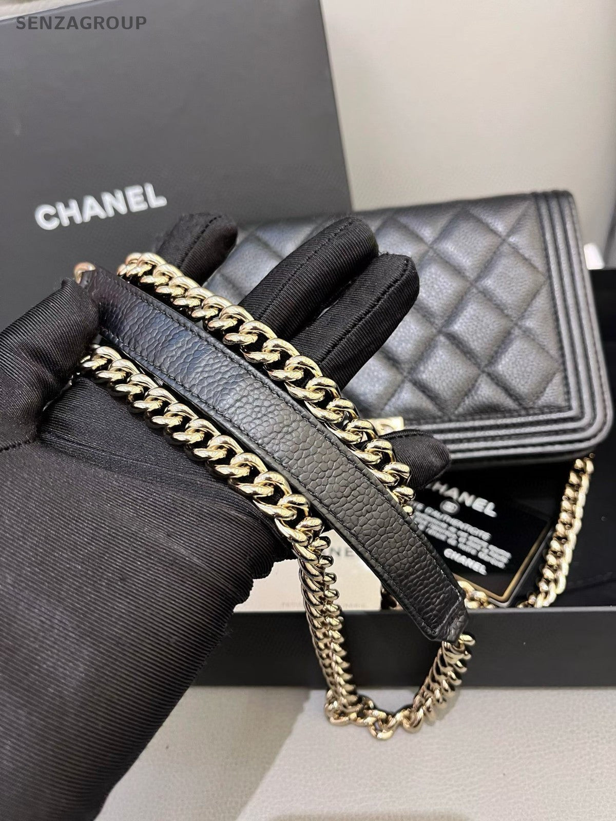 CHANEL Leboy Woc Caviar Diamon Pattern Chain Shoulder bag Black Gold Women