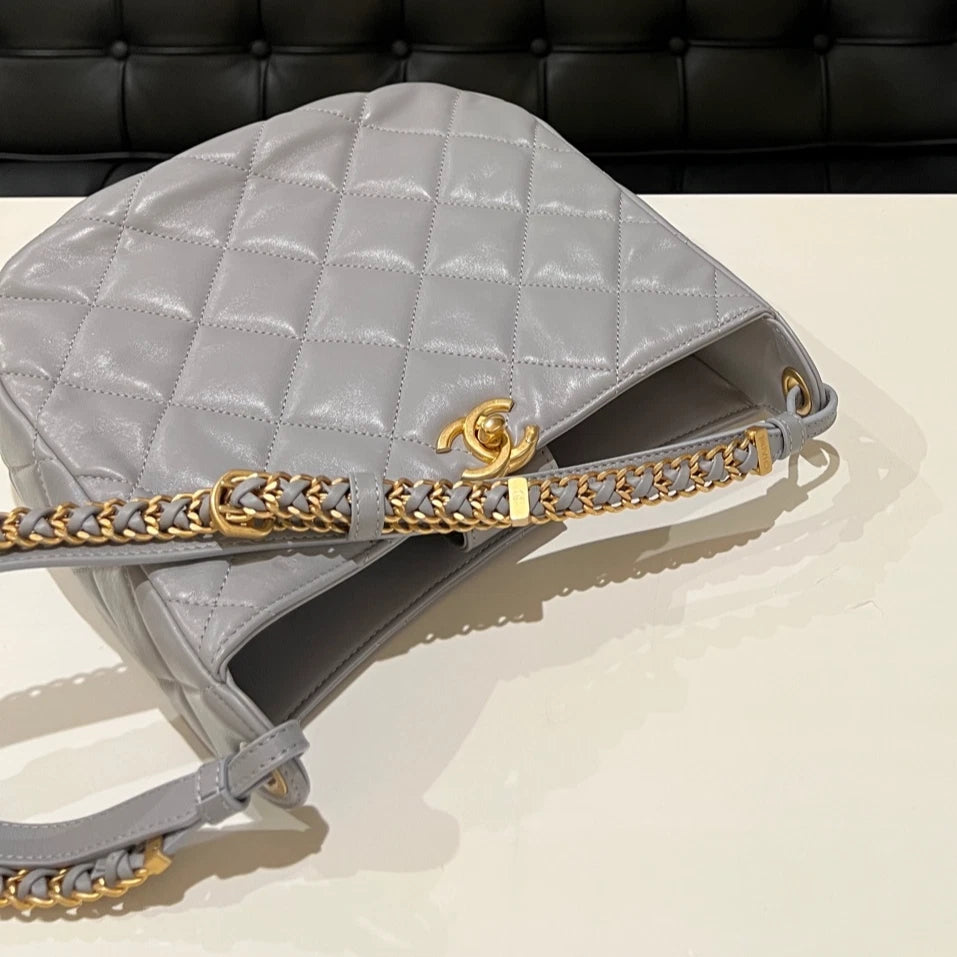 Authentic CHANEL Fog Grey Hippie Underarm Shoulder Bag