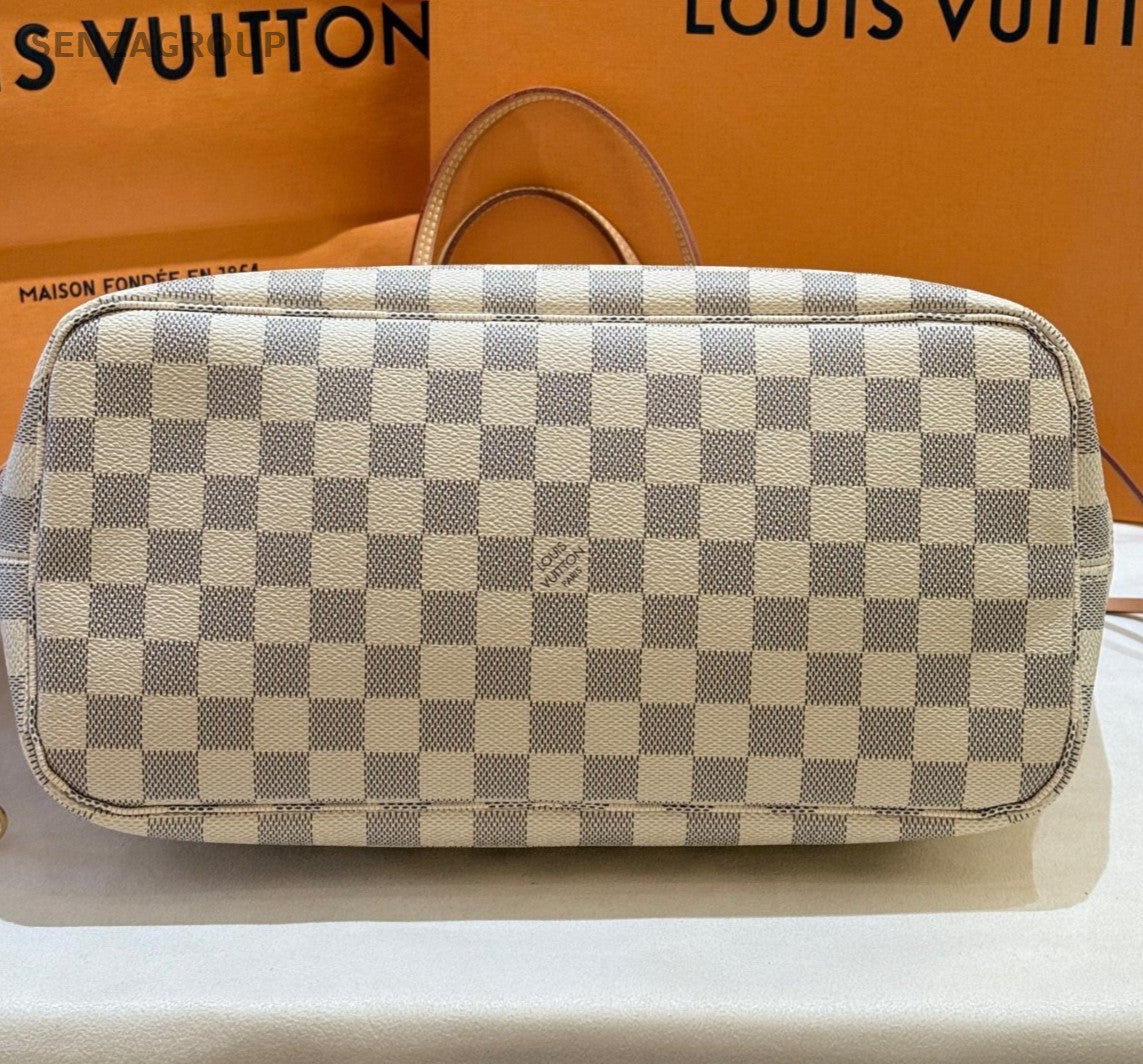 Louis Vuitton Neverfull MM White Damier Tote Shoulder Bag Women Classic