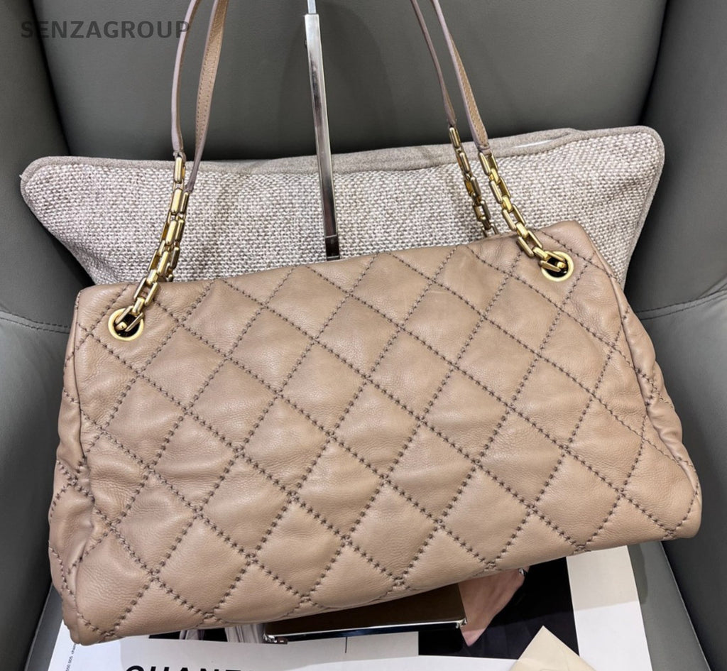 Chanel Diamond Chain Shoulder Bag Beige Gold Used Women Classic