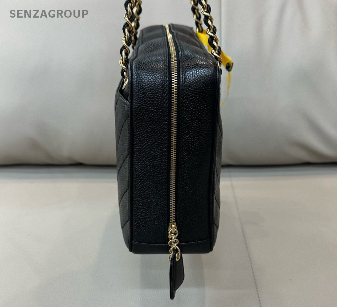Chanel Camera PM Chain Shoulder Bag Black Gold Used Women Classic