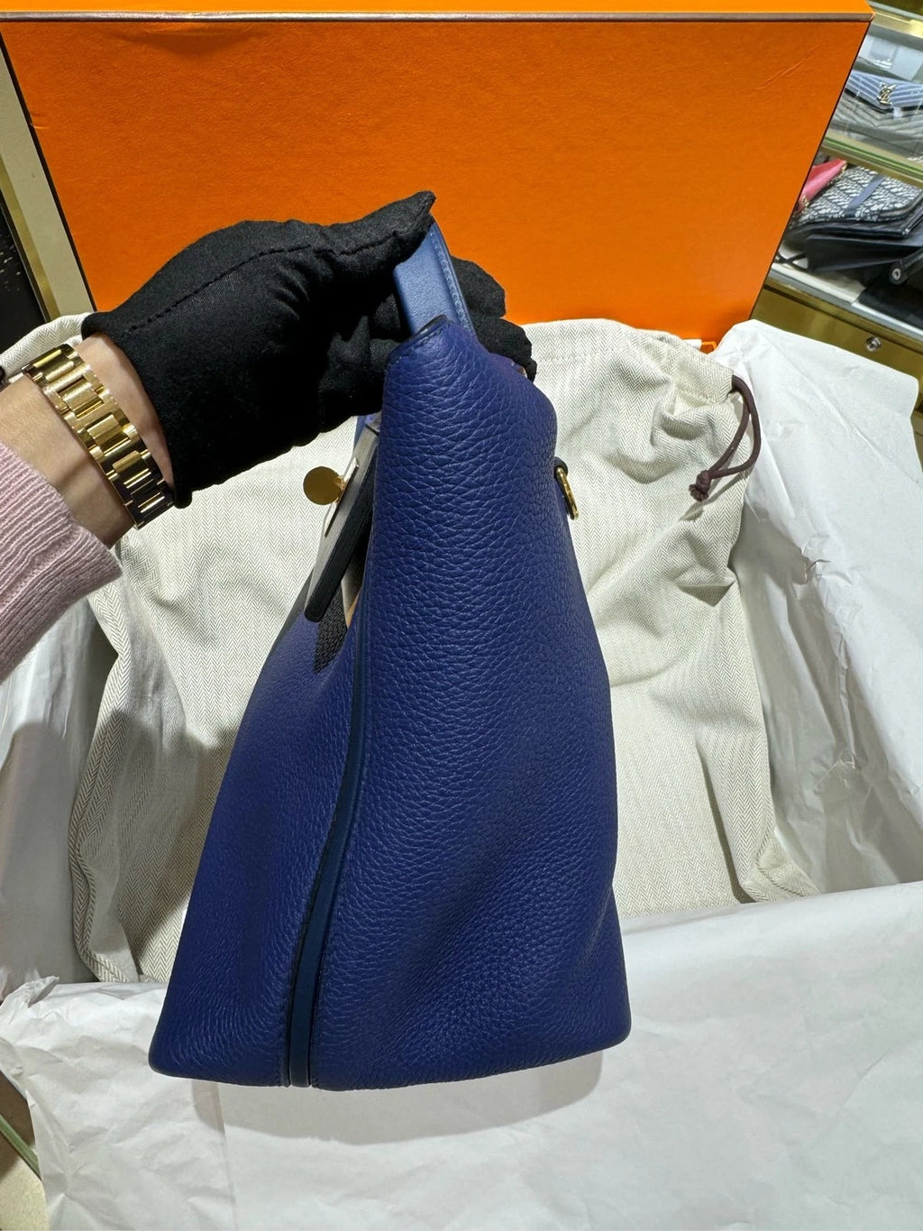 Hermes 2424 Small Blue Beige Leather Top Handle Bag For Women