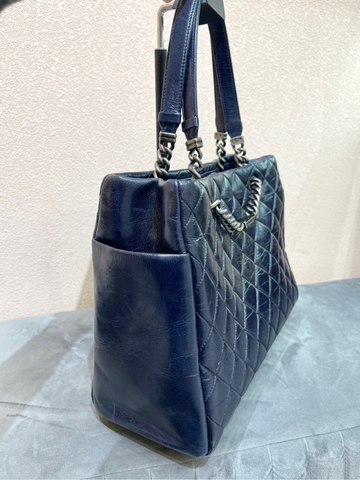 CHANEL Combom Diamond pattern Double Handle Shoulder Handbag Women Blue Silver
