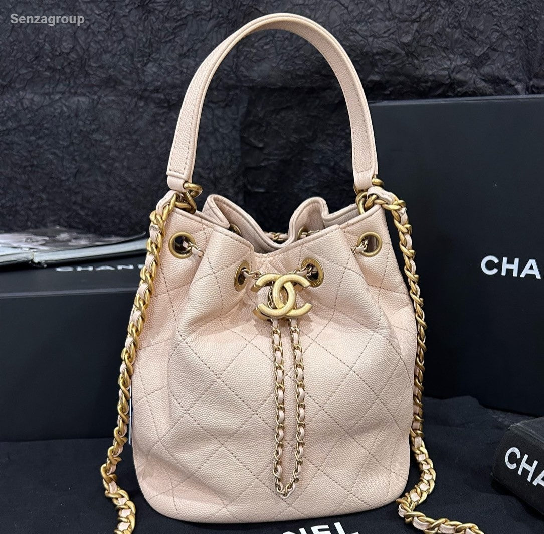 Chanel Diamond Calfskin Bucket Top Handle Chain Crossbody Pink Gold Women