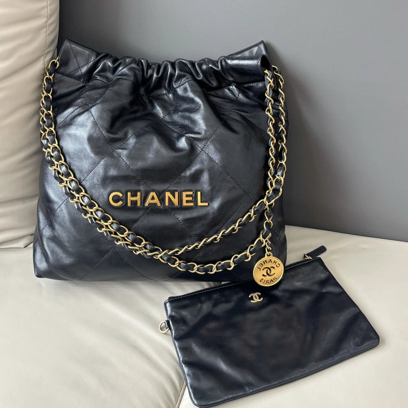 Chanel 22Bag PM Chain Shoulder Bag Crossbody Black Gold Women Classic