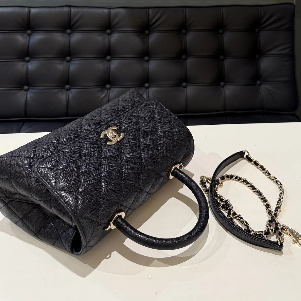 Chanel Coco Handle Quilted Chain Shoulder Bag Black Gold Women