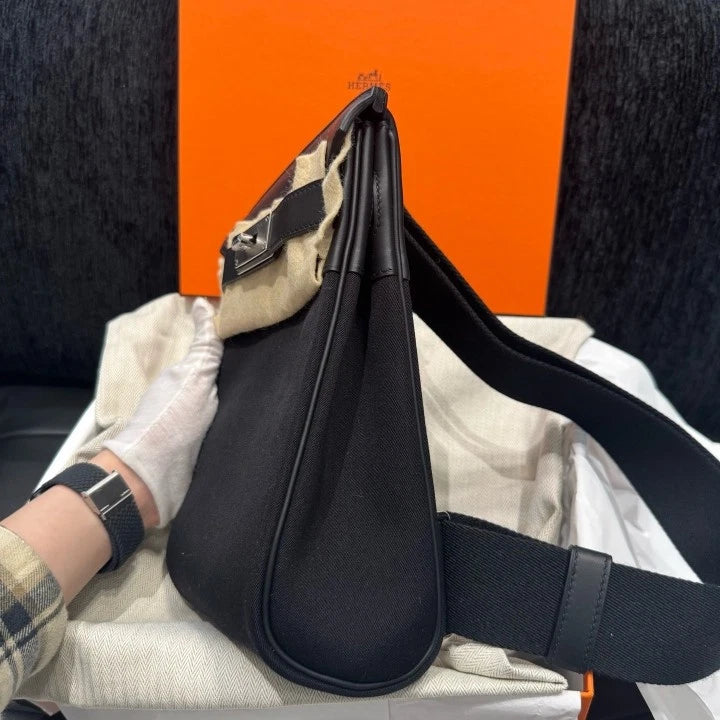 Hermes Hac Swift Canvas Shoulder Bag Black Silver Hardware Unisex D