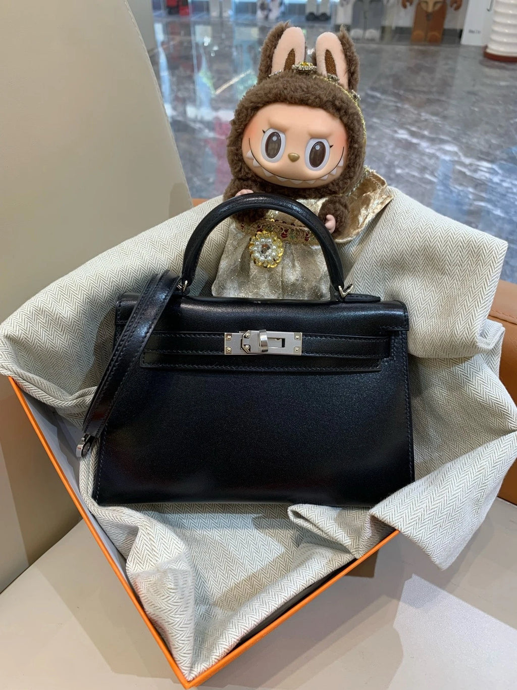 Hermes Mini Kelly Black Silver Box Leather Top Handle Bag For Women