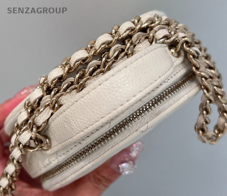 Chanel Diamond Calfskin Mini Round Bag Chain Crossbody White Gold Women Classic