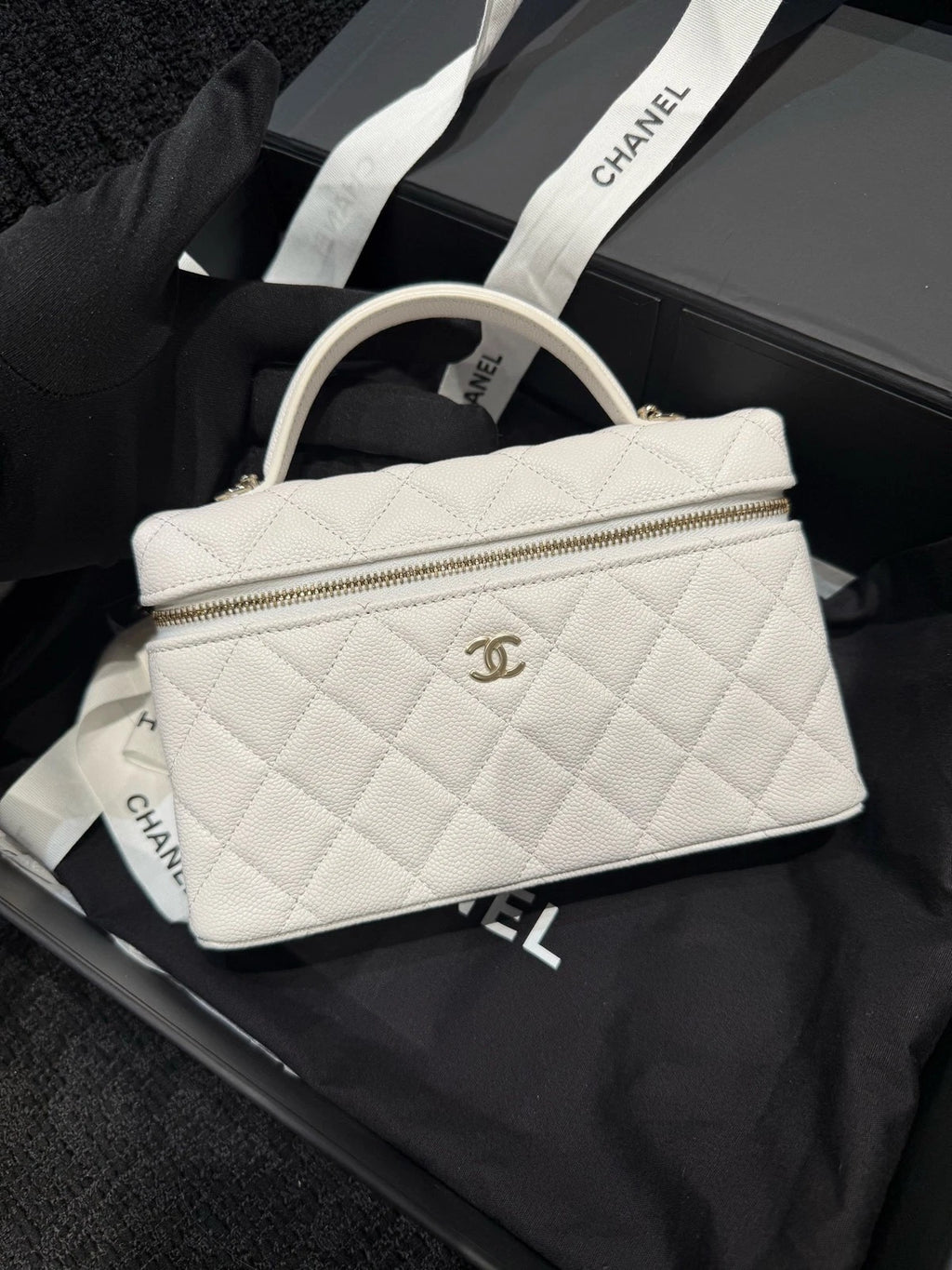 CHANEL White Gold Top Handle Lunch Box Bag For Women