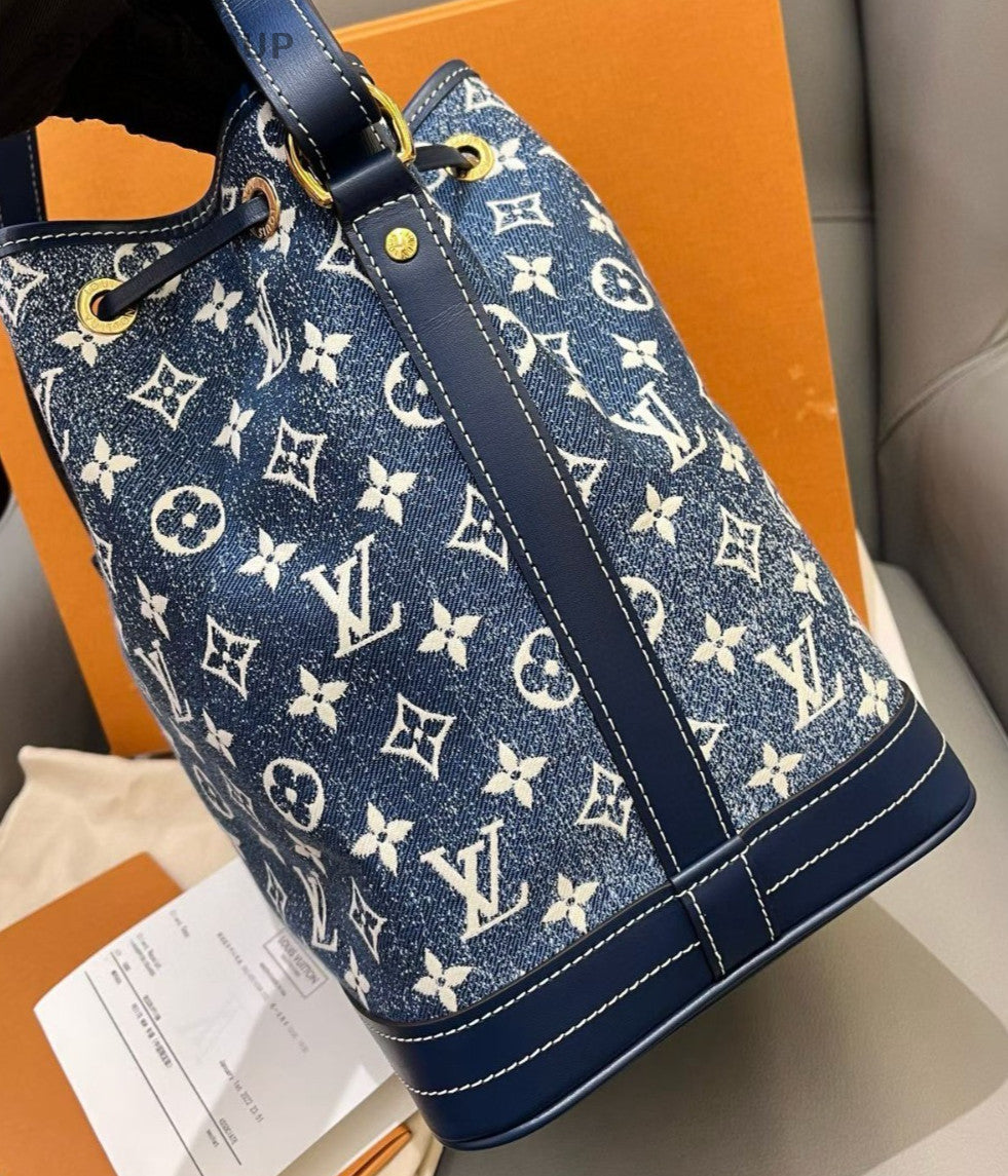 Louis Vuitton Noe Jacquard Denim Bucket Shoulder Bag Crossbody Blue Women