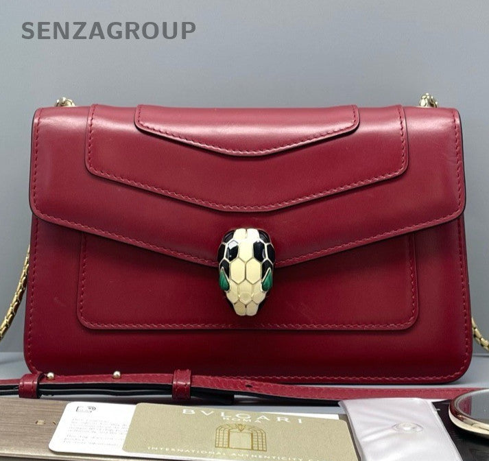 Bvlgari Serpenti PM Chain Shoulder Bag Crossbody Red Gold Women Classic Fashion