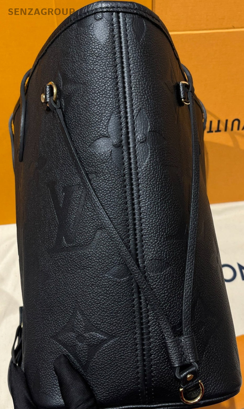Louis Vuitton Neverfull MM Monogram Tote Bag Black Gold Women Classic