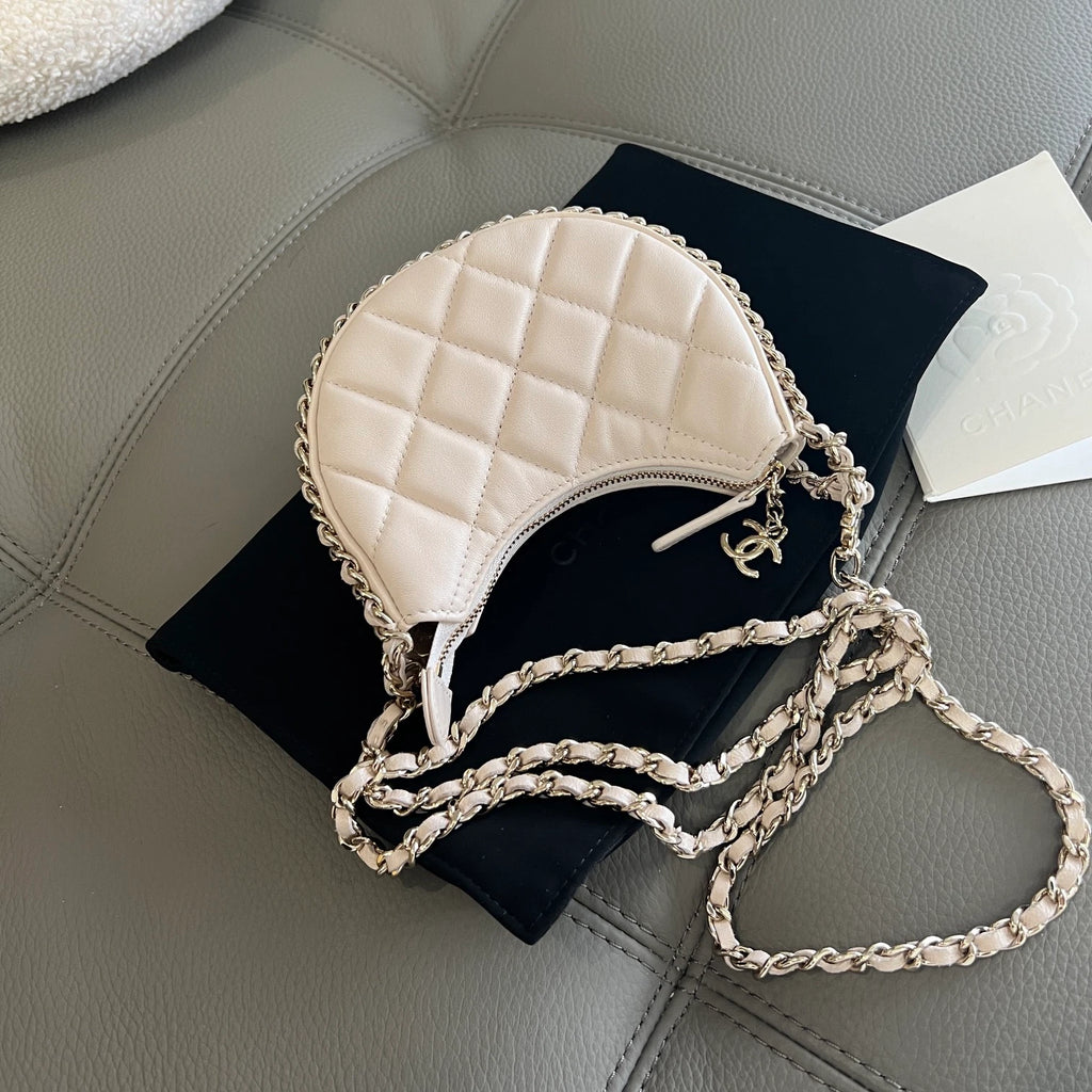 Authentic Chanel Hobo MINI Chain Shoulder Crossbody Bag White Gold Hardware