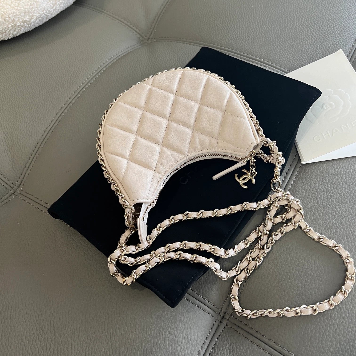 Authentic Chanel Hobo MINI Chain Shoulder Crossbody Bag White Gold Hardware