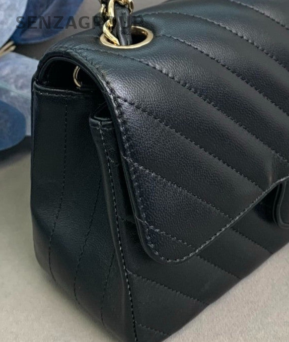 Chanel Classic Flap Mini Lambskin Chain Shoulder Bag Black Gold Used Women