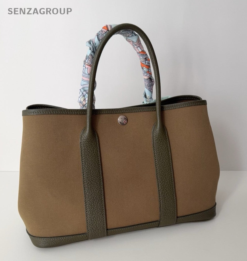Hermes GardenParty 30 Tote Canvas Top Handle Shoulder Handbag Olive green Women