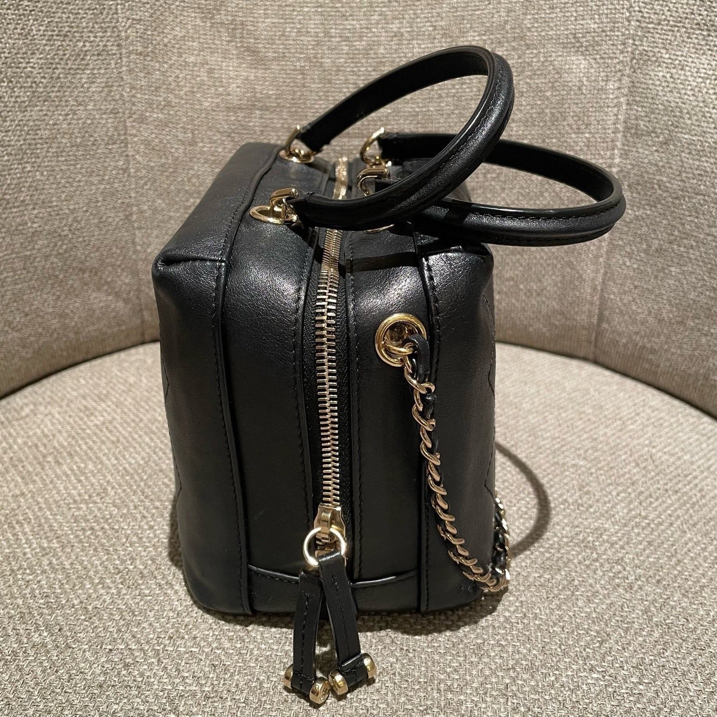 Chanel Calfskin Diamond Box Top Handle Shoulder Bag Black Gold Women Classic