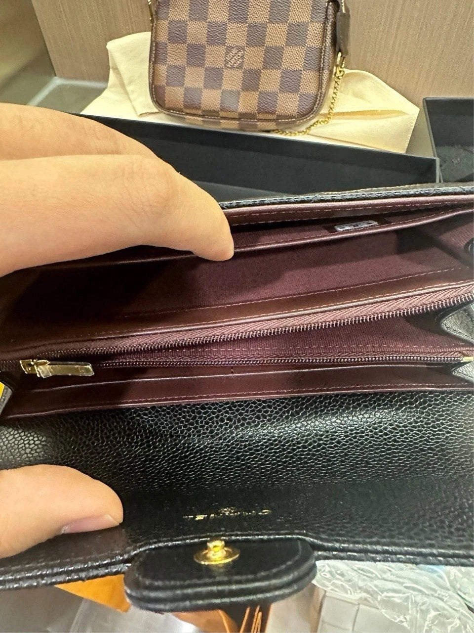 CHANEL Black Gold Grained Calfskin CF Long Chain Wallet For Women