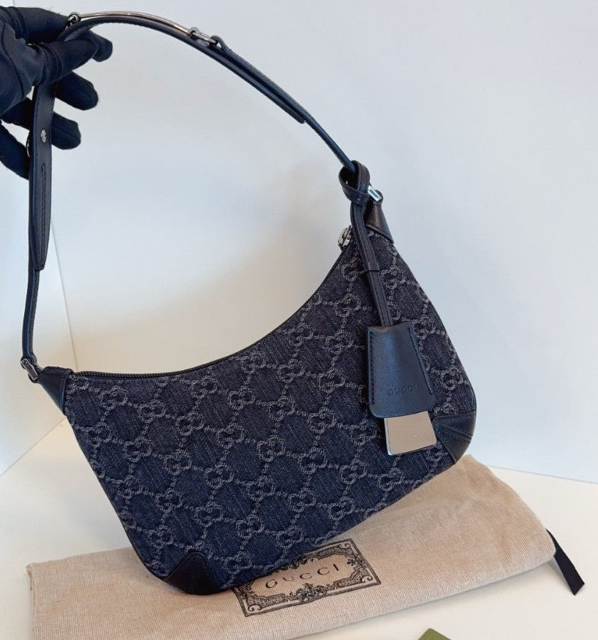 GUCCI Horsebit Slim Denim Black Monogram Shoulder Handbag  Women