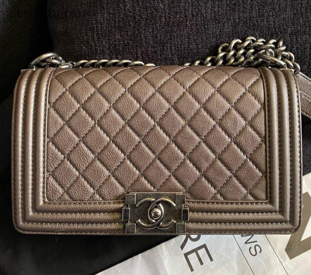 Chanel Leboy MM Chain Shoulder Bag Crossbody Brown Silver Women Classic