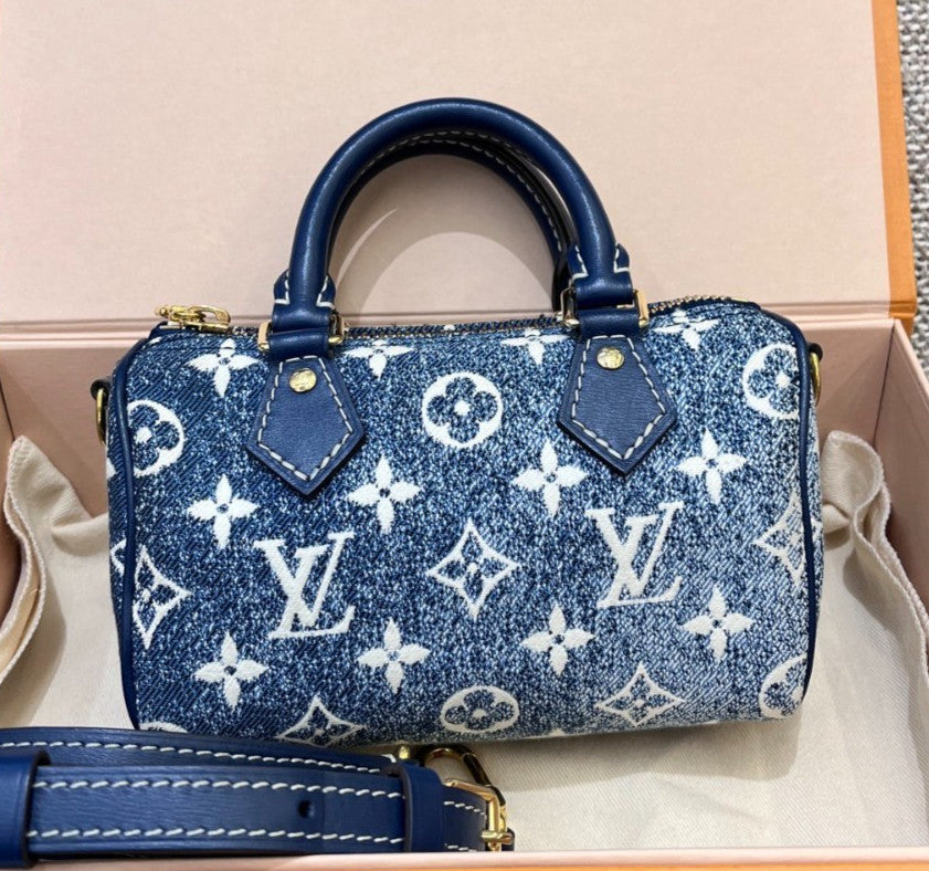 Louis Vuitton Denim Speedy Nano Monogram Top Handle Bag Crossbody Blue  Women