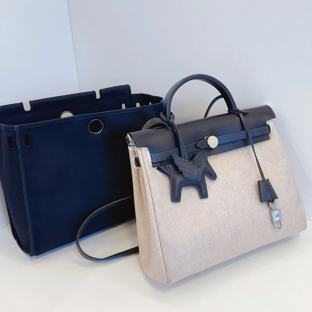 Hermes Herbag 31 Canvas Top Handle Shoulder Crossbody Bag White Black Women