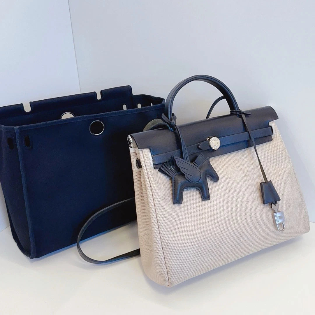 Hermes Herbag 31 Canvas Top Handle Shoulder Crossbody Bag White Black Women