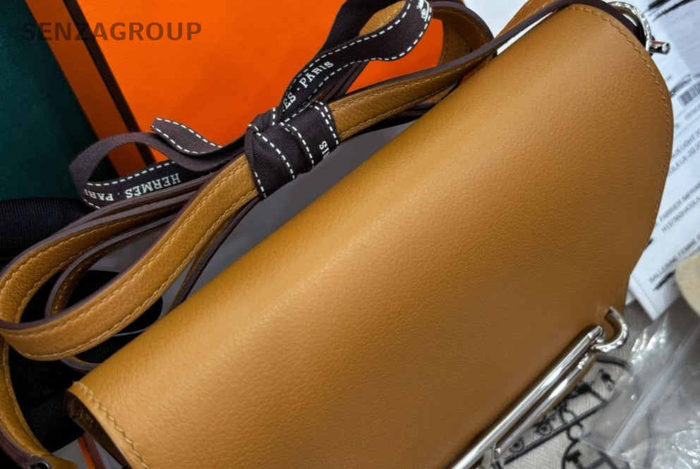 Hermes Mini Roulis 19 Ec Leather Crossbody Brown Pink Silver Women Designer