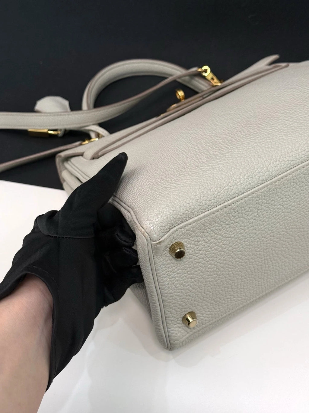 Hermes Kelly28 Top Handle Bag Crossbody Gray Gold Used Women Fashion Classic