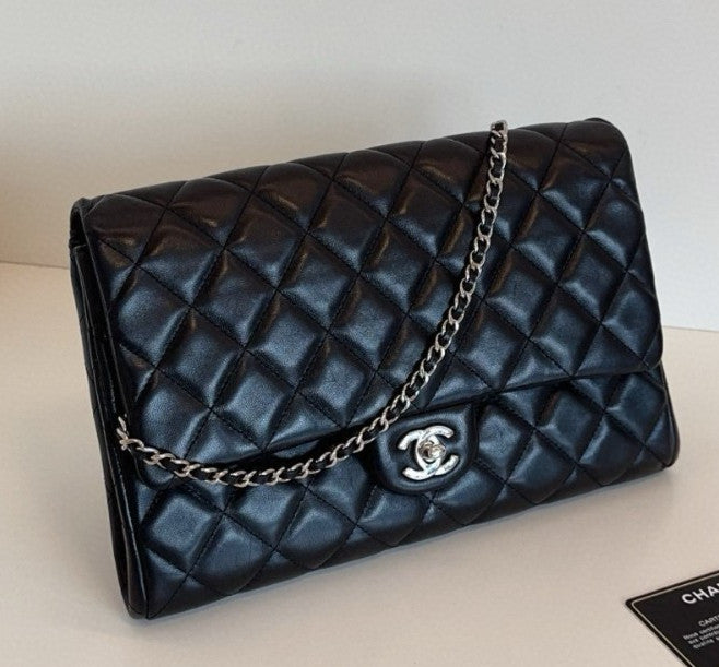Chanel Timeless Chain Lambskin Shoulder Bag Black Silver Diamond Women Classic