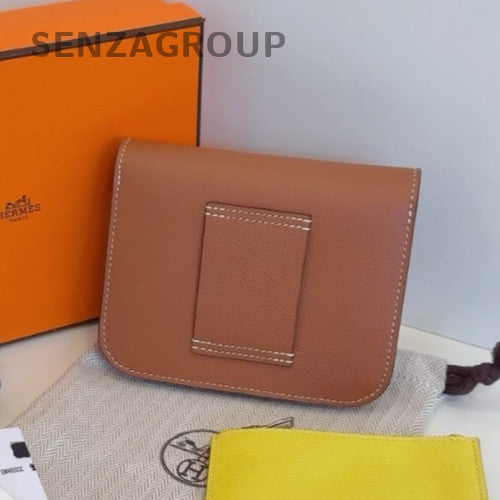 Hermes Constance Slim Wallet Chain Crossbody Brown Silver Women Designer Classic