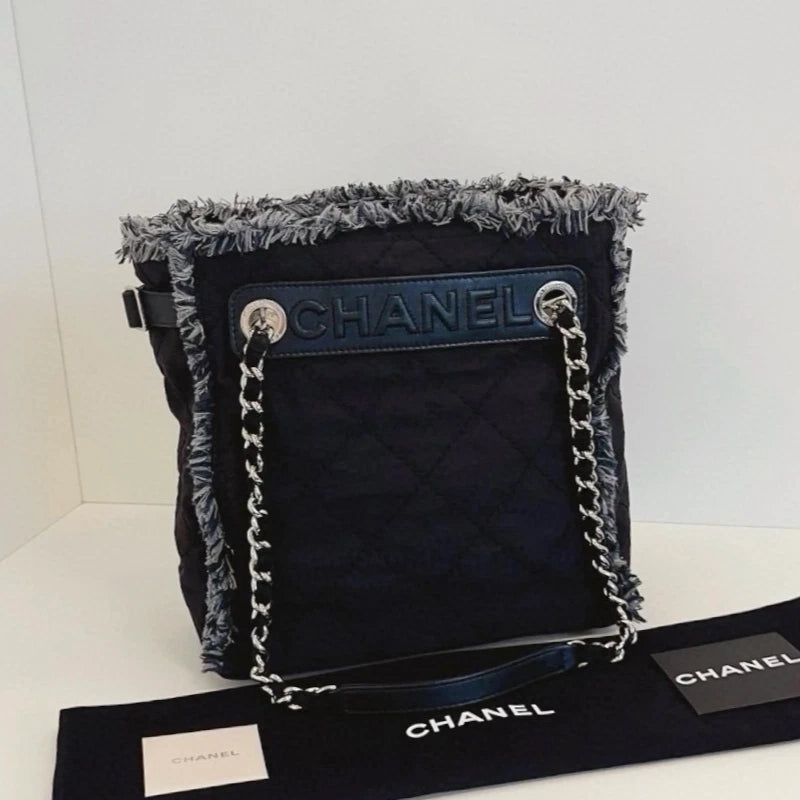 Chanel Deauville PM Chain Shoulder Bag Black Silver Women Classic