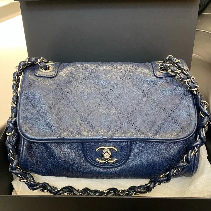 Chanel Classic Flap Hobo Calfskin Chain Shoulder Bag Navy Silver Women Diamond D