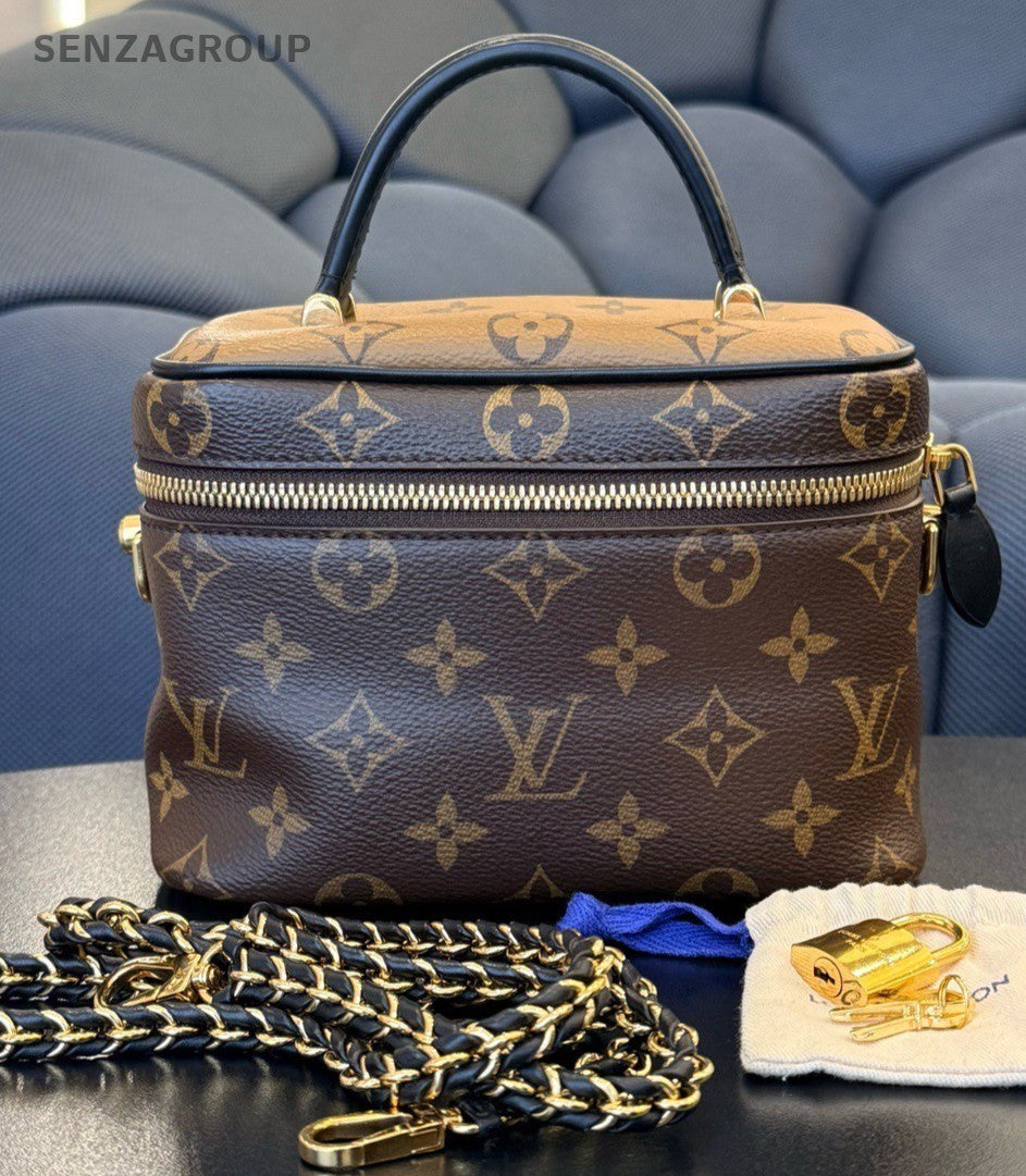 Louis Vuitton Vanity Monogram Top Handle Bag Crossbody Brown Gold Women Classic