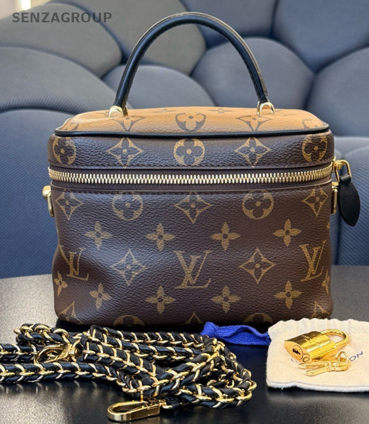 Louis Vuitton Vanity Monogram Top Handle Bag Crossbody Brown Gold Women Classic