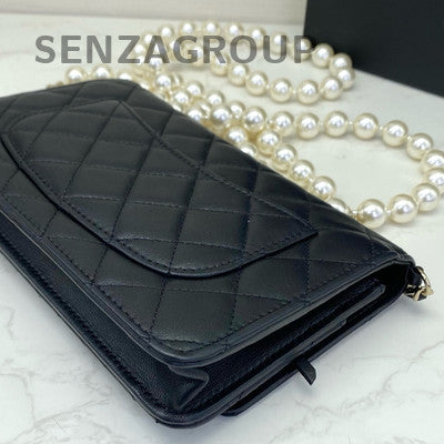 Chanel Quilted Black Silver Lambskin WOC Pearl Chain Crossbody Bag