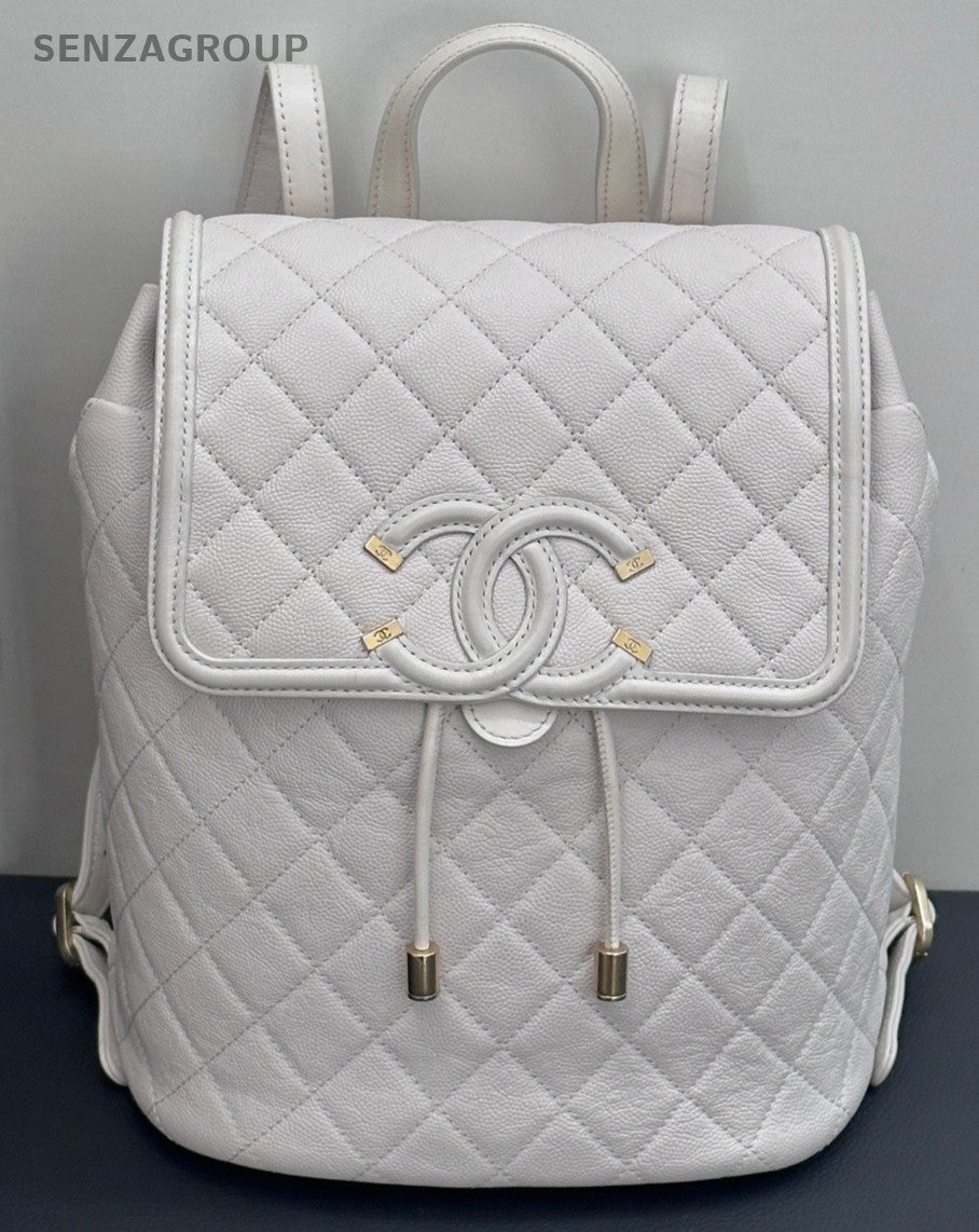 Chanel Vanity Calfskin Chain Backpack White Gold Used Women Classic