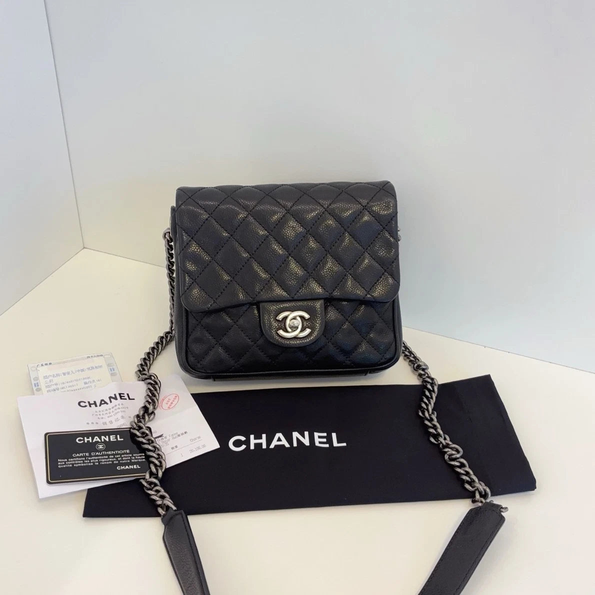 Chanel Calfskin Diamond Chain Shoulder Bag Crossbody Black Silver Women