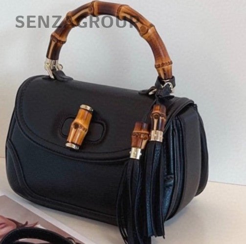 Gucci Bamboo Calfskin Fringed Top Handle Bag Crossbody Black Gold Women Classic