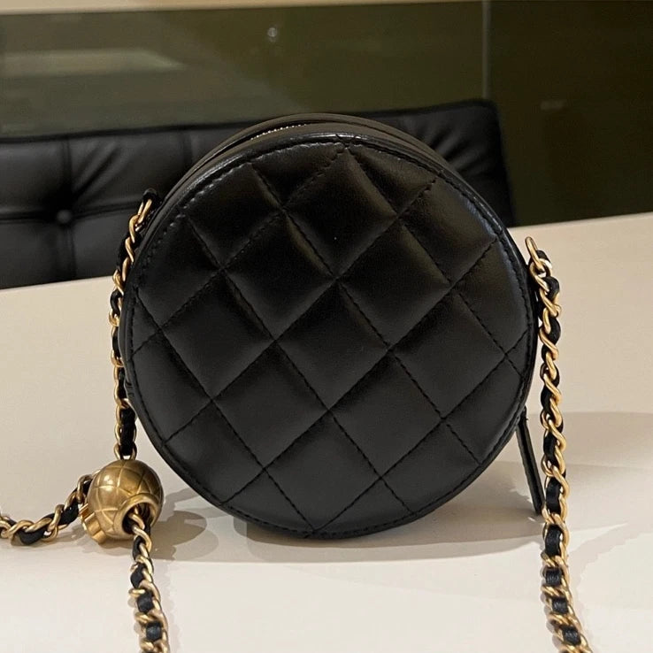 Authentic CHANEL Gold Ball Black Gold Mini Round Crossbody Bag
