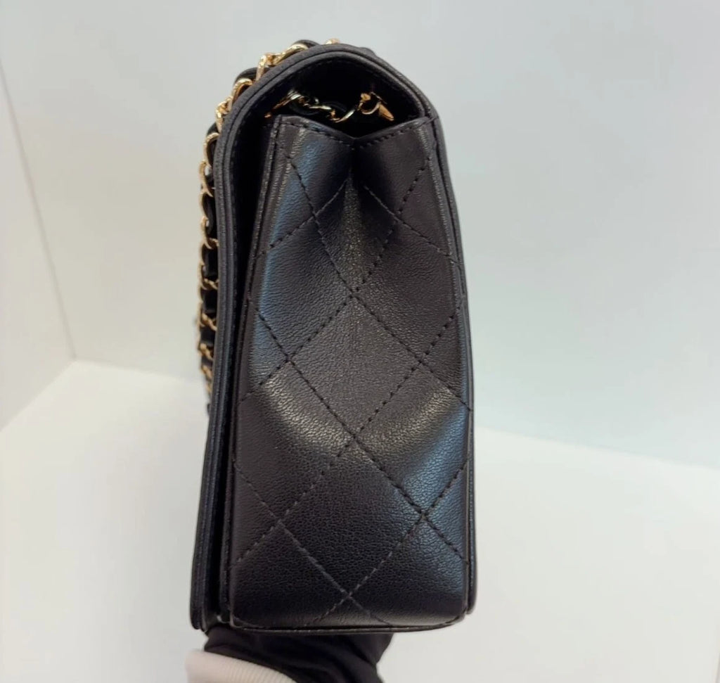 Chanel CC Logo Calfskin GM Chain Shoulder Bag Crossbody Black Gold Women Classic