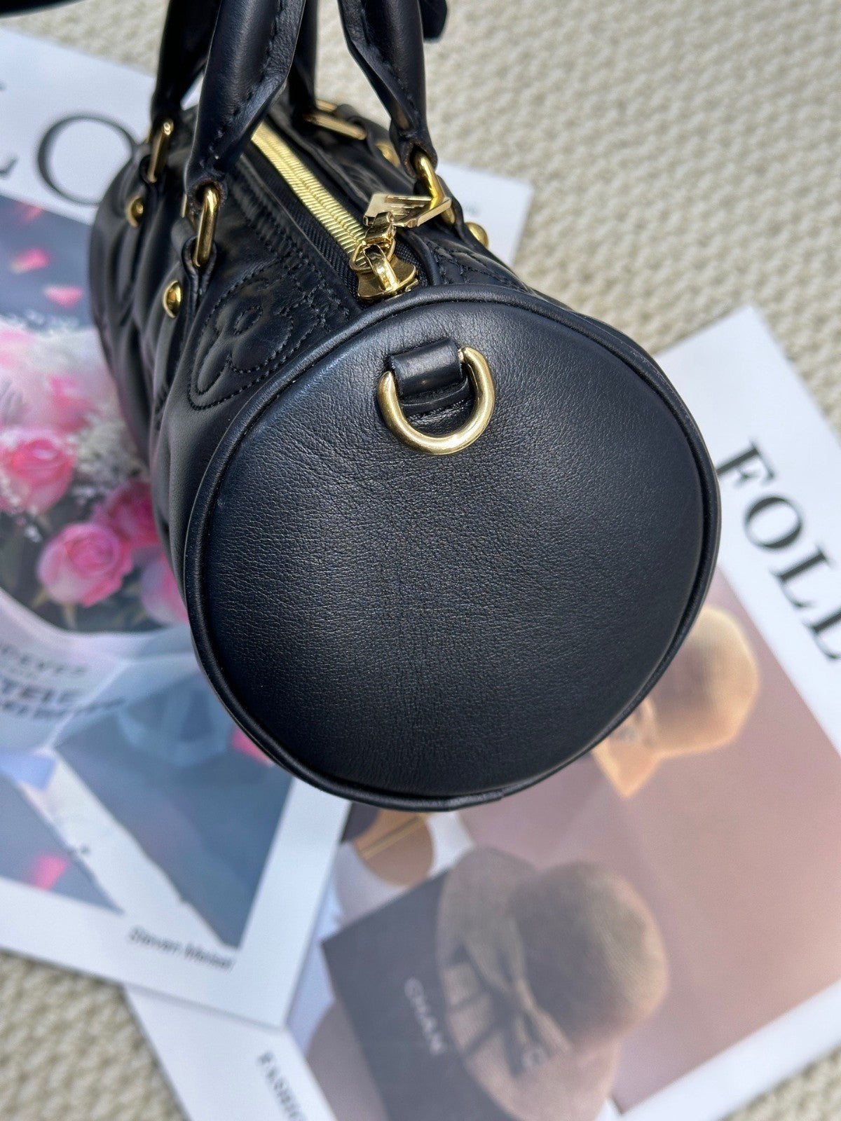 Louis Vuitton Papillon BB All Leather Top Handle Chain Shoulder Handbag Black