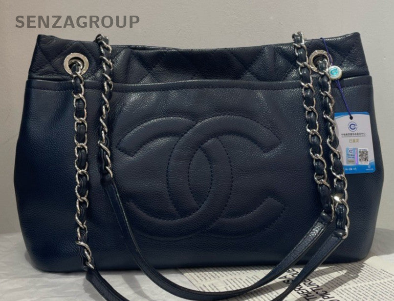 Chanel Calfskin Chain Shoulder Bag Black Silver Women Classic CC Logo