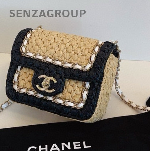 Chanel 24C Raffia Chain Shoulder Bag Crossbody Black Silver Used Women Classic