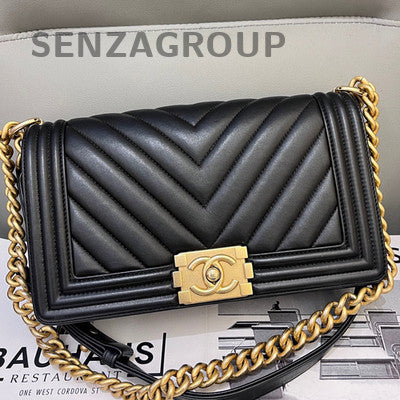 Chanel Black Gold Chevron Calfskin Medium Le Boy Chain Shoulder Bag