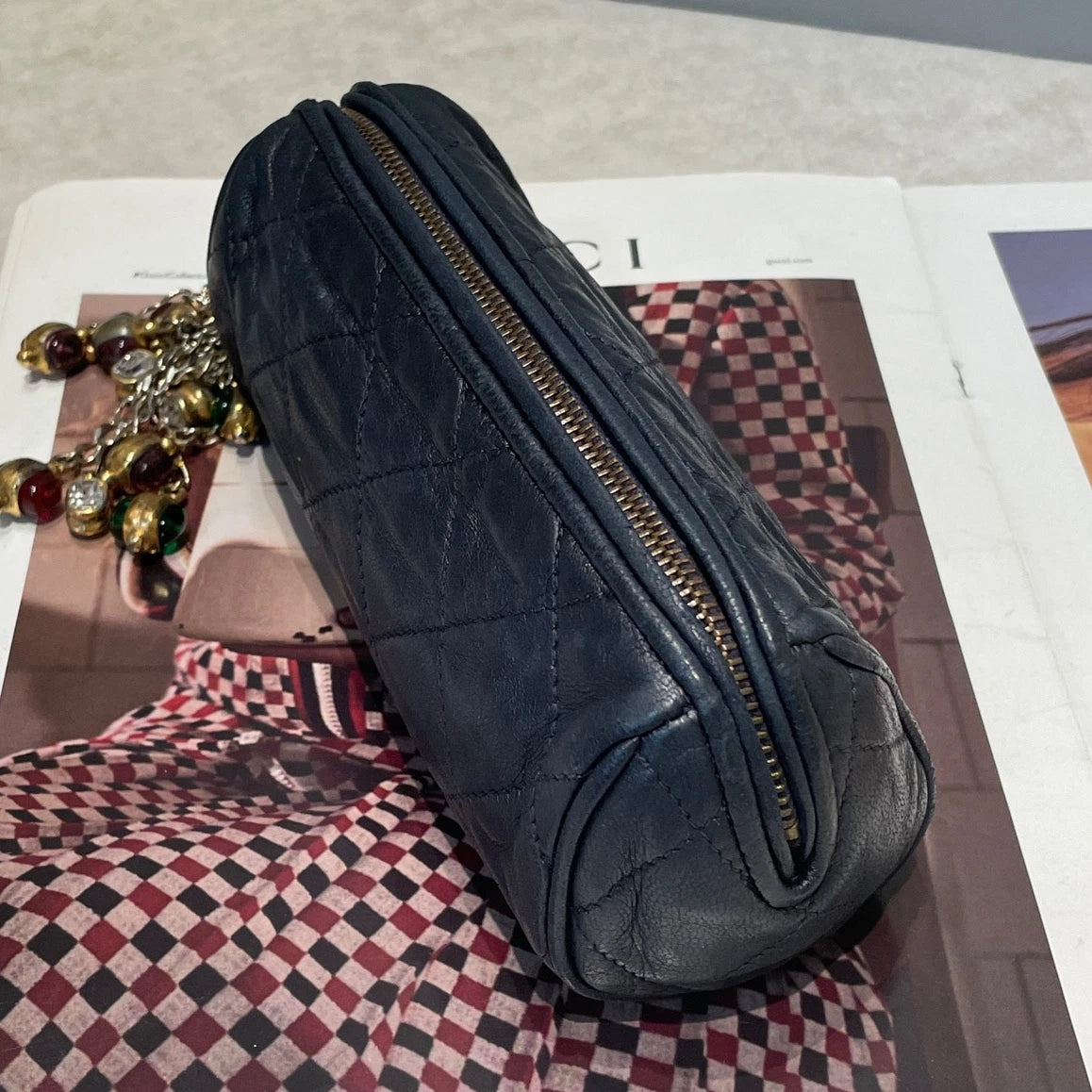 Chanel Diamond Clutch Black Gold Used Women Classic
