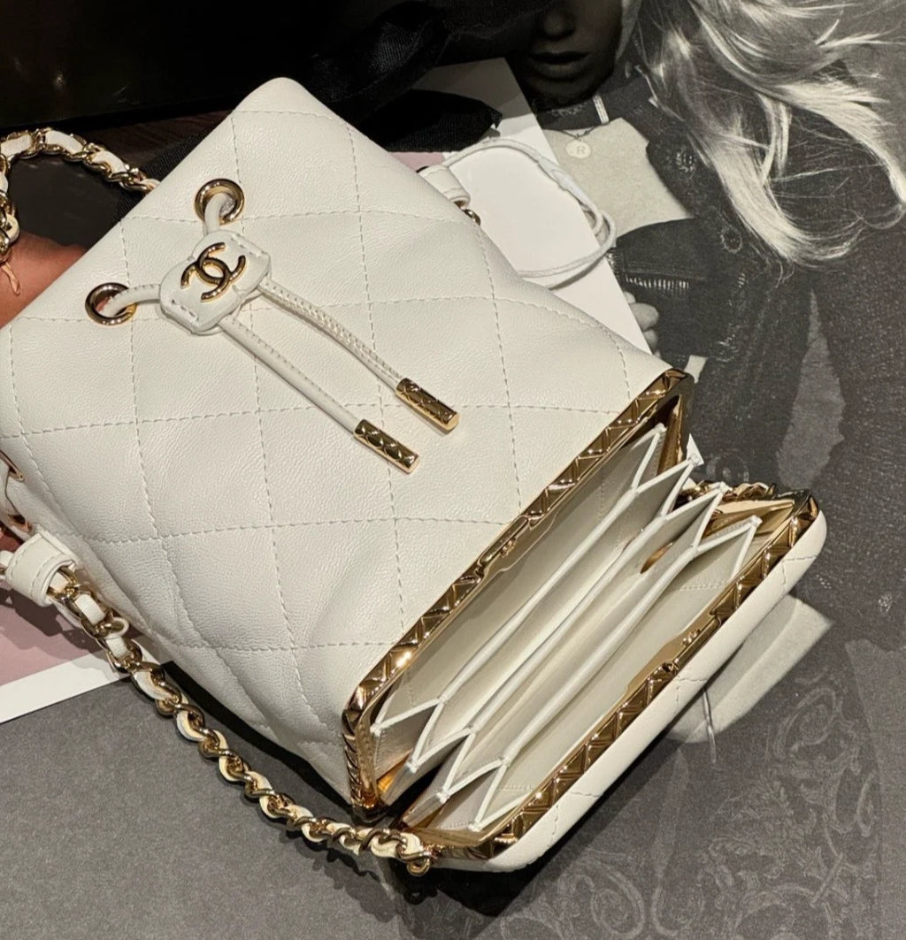 Chanel Diamond Chain Bucket Shoulder Bag Crossbody White Gold Women Classic