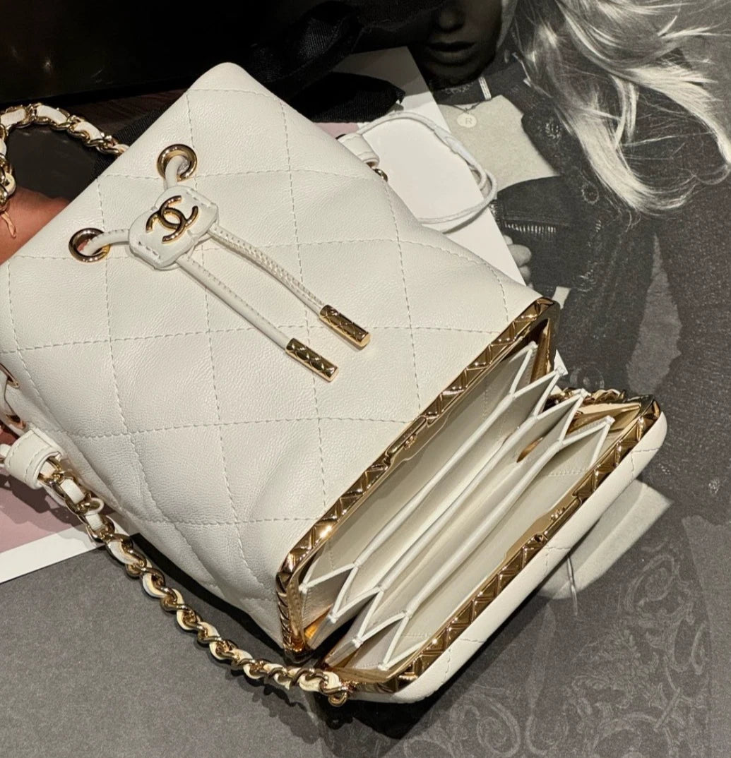 Chanel Diamond Chain Bucket Shoulder Bag Crossbody White Gold Women Classic