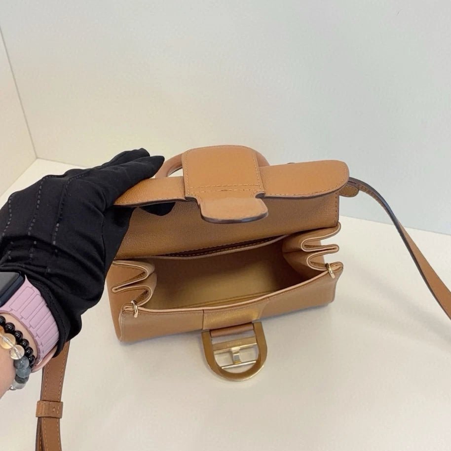 Delvaux Brillant Calfskin PM Top Handle Crossbody Brown Gold Women Classic